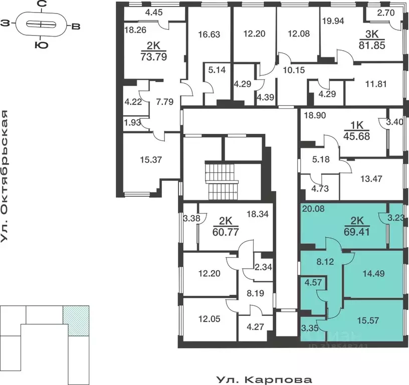 2-к кв. Тульская область, Тула ул. Карпова, 103А (69.41 м) - Фото 1
