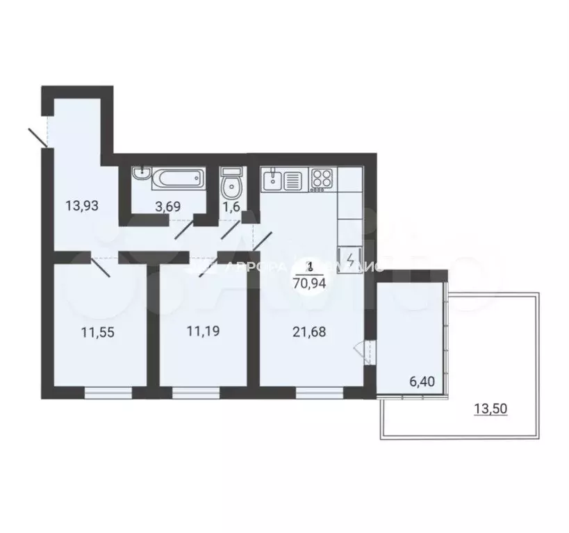 2-к. квартира, 70,9 м, 2/3 эт. - Фото 0