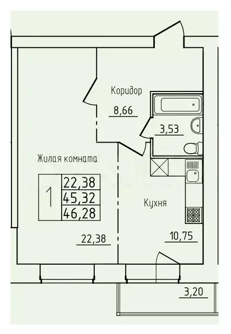 1-к. квартира, 46,3 м, 12/13 эт. - Фото 0