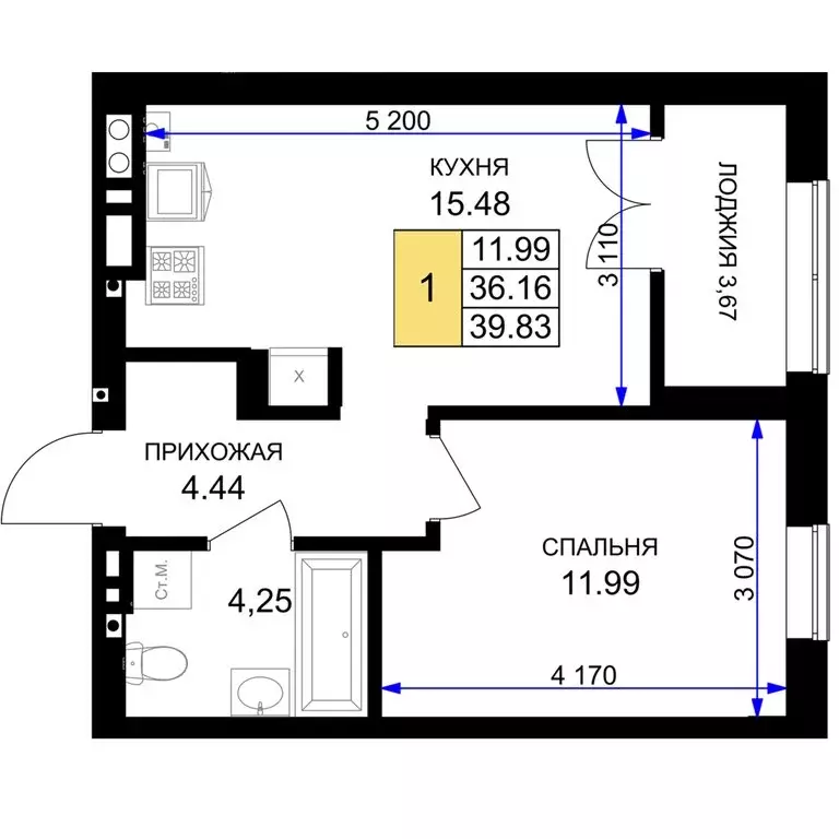 1-комнатная квартира: Гурьевск, жилой комплекс Включи (39.83 м) - Фото 0