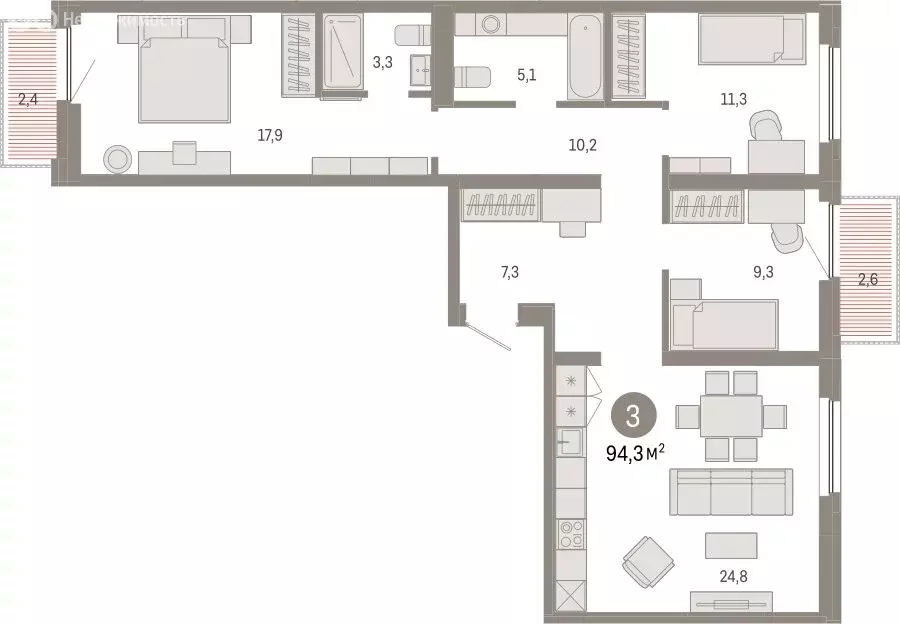 3-комнатная квартира: Тюмень, Мысовская улица, 26к2 (94.25 м) - Фото 1