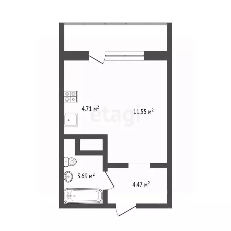 Студия Тюменская область, Тюмень ул. Новоселов, 115 (24.1 м) - Фото 2