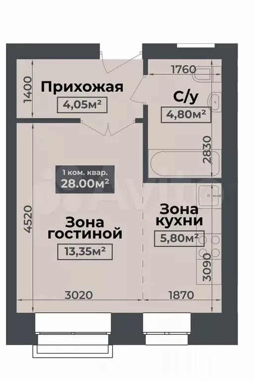 Квартира-студия, 28 м, 2/4 эт. - Фото 1