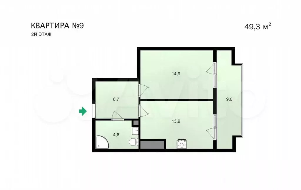 2-к. квартира, 49,3 м, 2/8 эт. - Фото 0