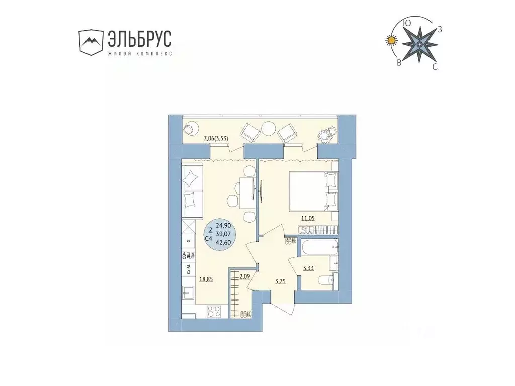 2-к кв. Башкортостан, Уфа Кавказская ул., 24 (42.6 м) - Фото 1