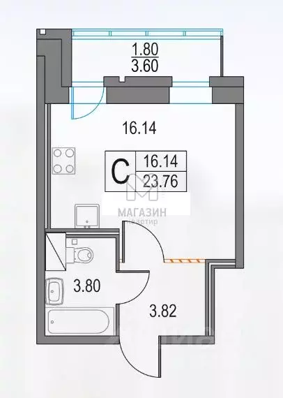 Студия Санкт-Петербург Коломяжский просп., 13к2 (23.76 м) - Фото 1