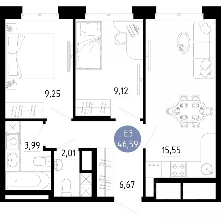 2-к кв. Рязанская область, Рязань 9-10-й кв-л,  (46.59 м) - Фото 1