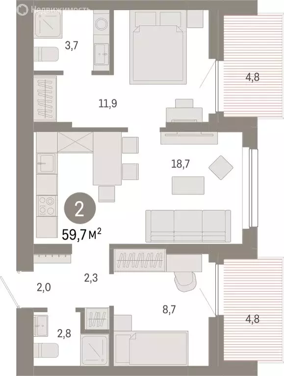 2-комнатная квартира: Новосибирск, квартал Лебедевский (59.7 м) - Фото 1