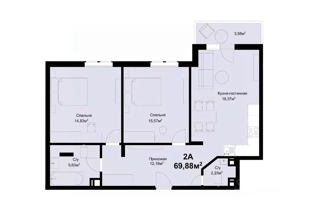 2-к кв. Самарская область, Тольятти ул. Маршала Жукова, 60 (69.78 м) - Фото 1