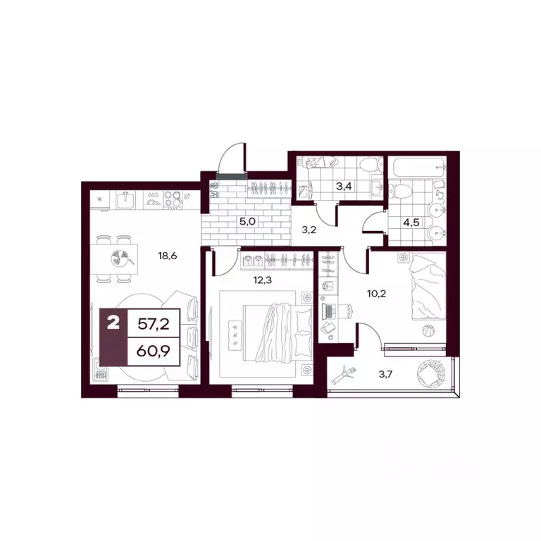 2-к кв. Тюменская область, Тюменский муниципальный округ, д. Дударева ... - Фото 1