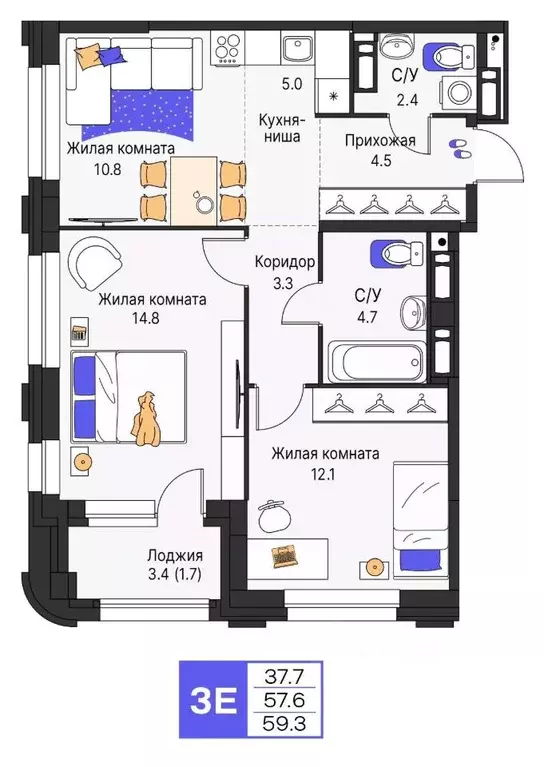3-к кв. Пермский край, Пермь ул. Карла Модераха, 7 (59.3 м) - Фото 1