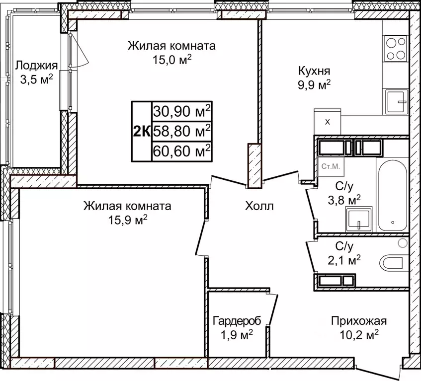 2-к кв. Нижегородская область, Нижний Новгород д. Ольгино,  (60.6 м) - Фото 1