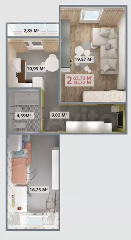 2-к. квартира, 64 м, 5/9 эт. - Фото 0