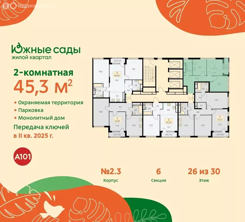 2-комнатная квартира: Москва, жилой комплекс Южные Сады (45.3 м) - Фото 1