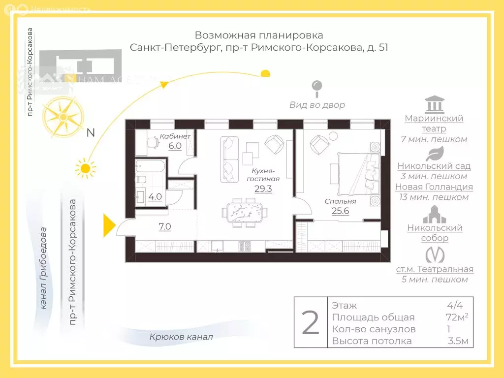 3-комнатная квартира: Санкт-Петербург, проспект Римского-Корсакова, 51 ... - Фото 2