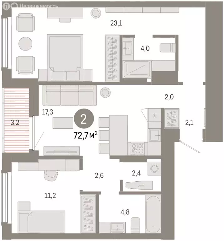 2-комнатная квартира: Омск, Кировский округ (72.67 м) - Фото 2