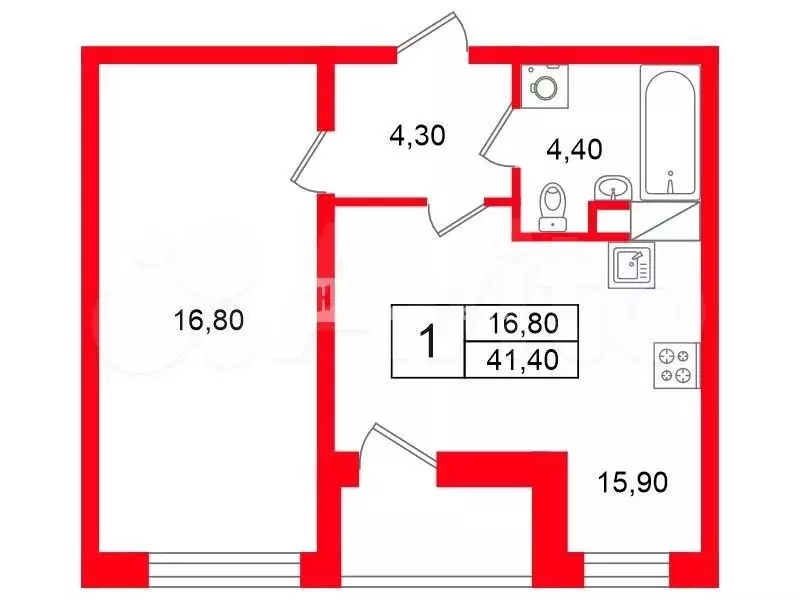 1-к. квартира, 41,4 м, 4/16 эт. - Фото 0