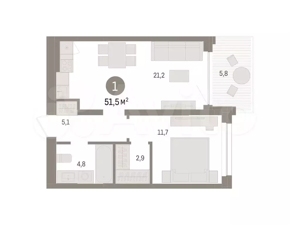 1-к. квартира, 51,5 м, 3/8 эт. - Фото 1