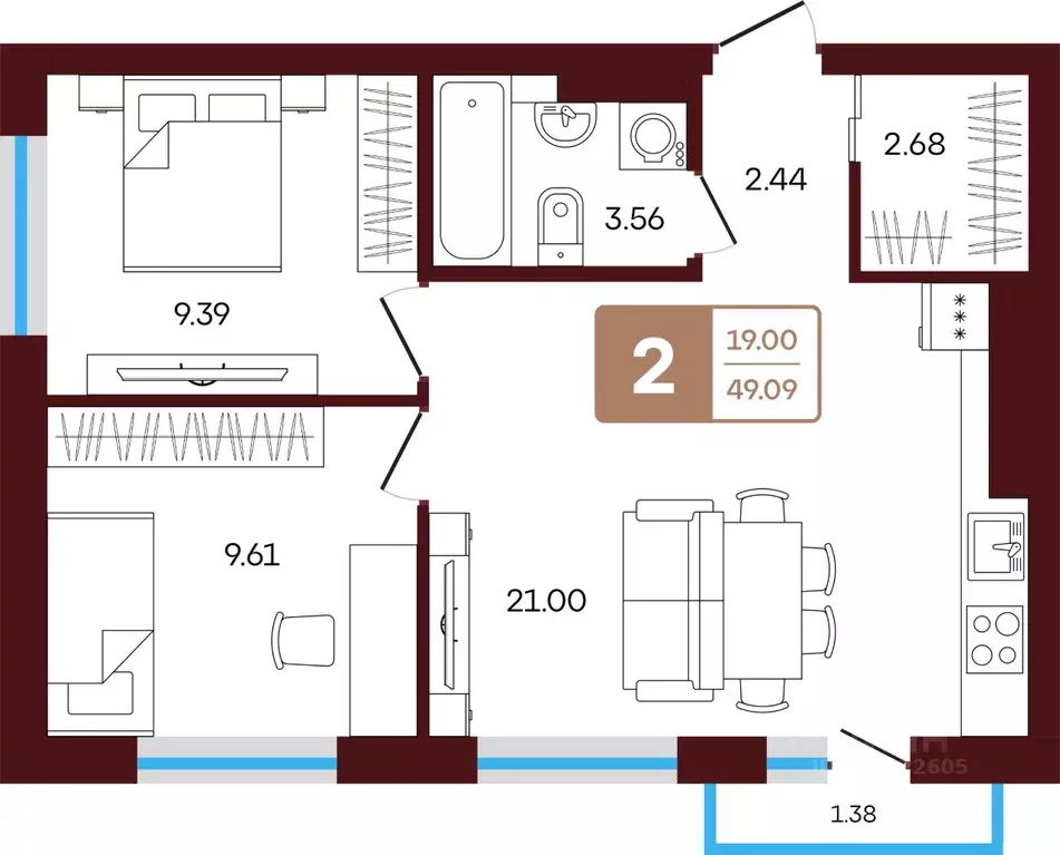 3-к кв. Башкортостан, Иглинский район, с. Акбердино  (49.09 м) - Фото 1
