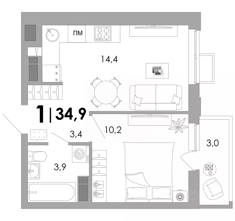 1-к кв. Владимирская область, Владимир Уно жилой комплекс (34.9 м) - Фото 1