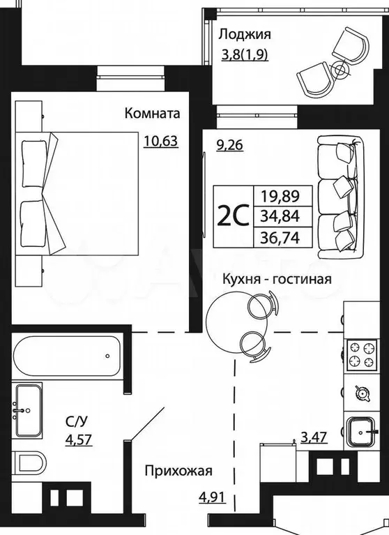 2-к. квартира, 37 м, 12/25 эт. - Фото 1