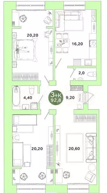 3-к. квартира, 92,8 м, 1/4 эт. - Фото 0