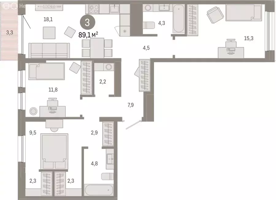 3-комнатная квартира: Тюмень, жилой комплекс Республики 205 (89.1 м) - Фото 0