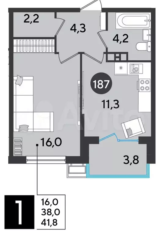 1-к. квартира, 41,8 м, 6/9 эт. - Фото 1