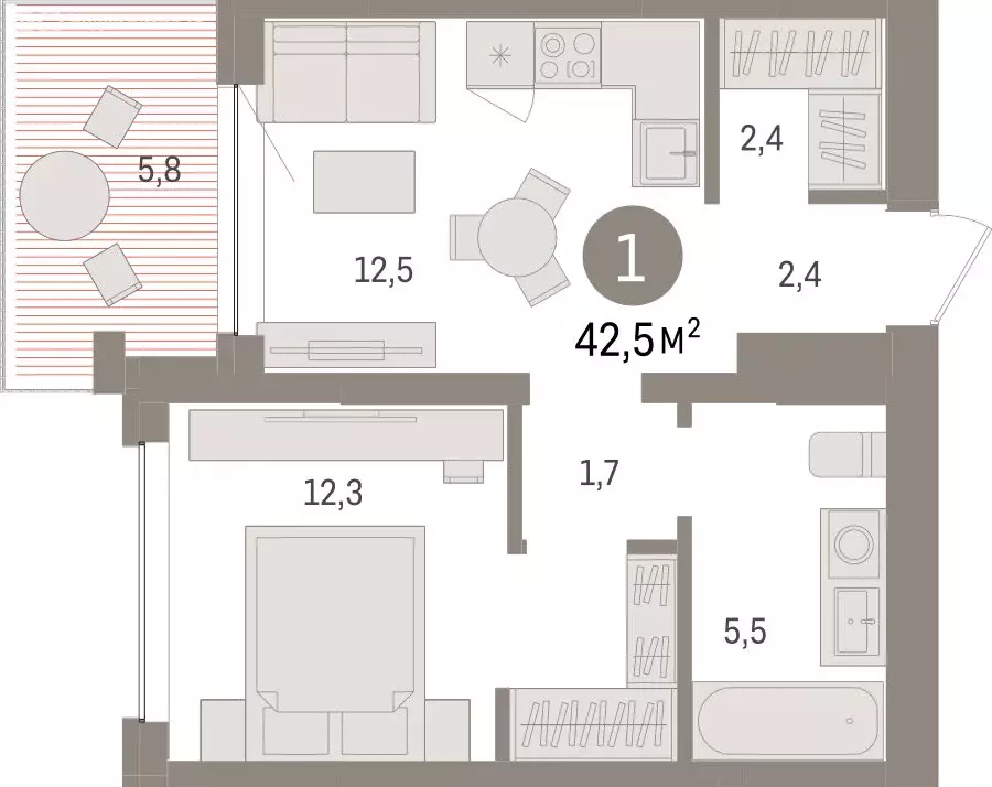 1-комнатная квартира: Тюмень, ЖК Дом у Озера (42.47 м) - Фото 1