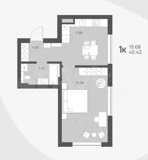 1-к. квартира, 40,4 м, 2/4 эт. - Фото 1