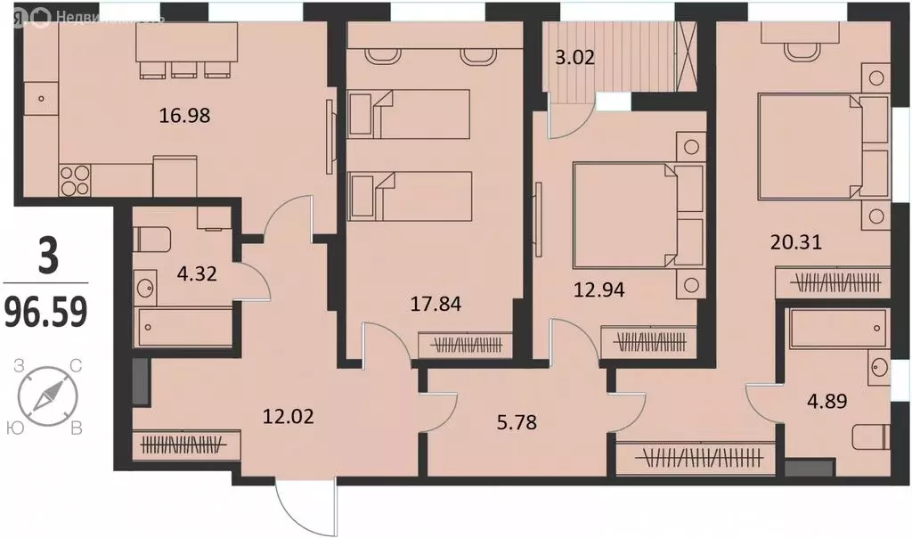 3-комнатная квартира: Курск, Хуторская улица, 33 (96.59 м) - Фото 0