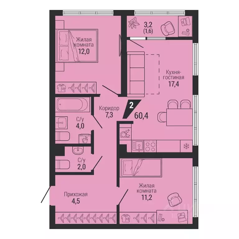 2-к кв. Свердловская область, Екатеринбург Вторчермет жилрайон,  (60.4 ... - Фото 0