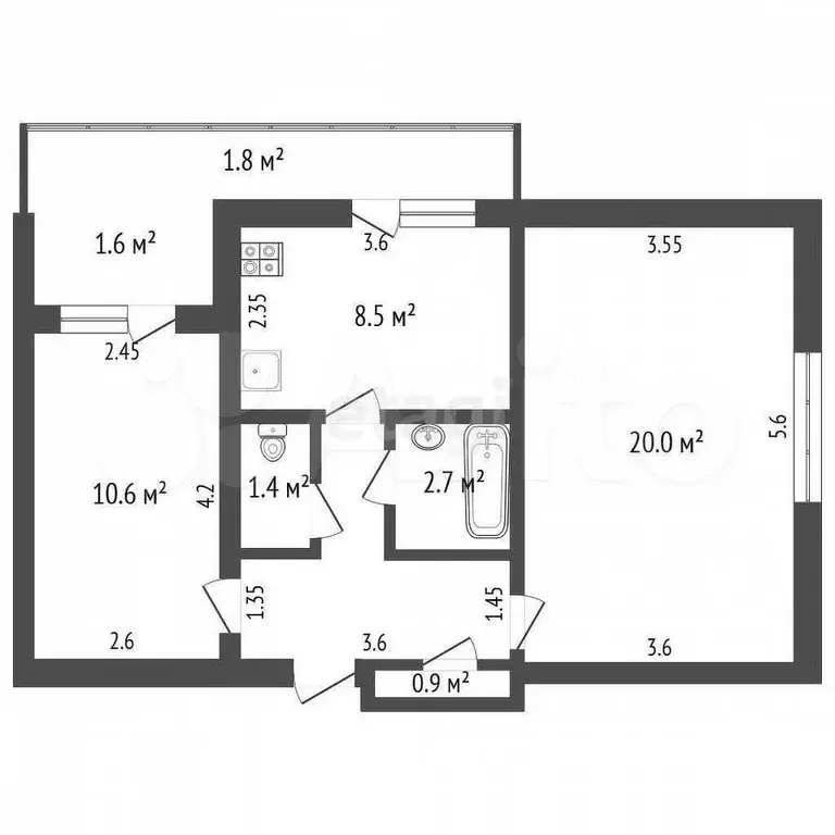 2-к. квартира, 50,5 м, 4/5 эт. - Фото 0