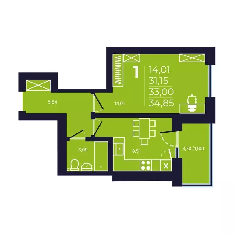 1-комнатная квартира: Уфа, улица Майора Доставалова, 11 (33.3 м) - Фото 1