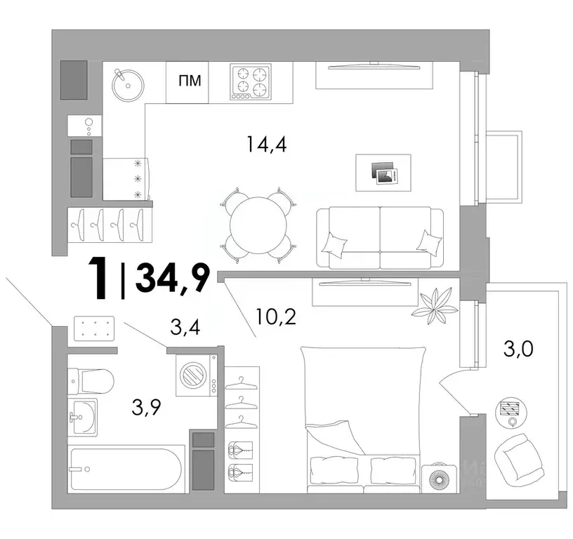 1-к кв. Владимирская область, Владимир Уно жилой комплекс (34.9 м) - Фото 1