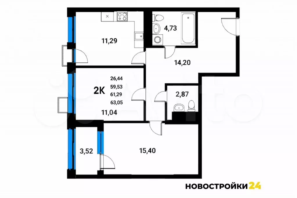 2-к. квартира, 61,8 м, 11/21 эт. - Фото 1