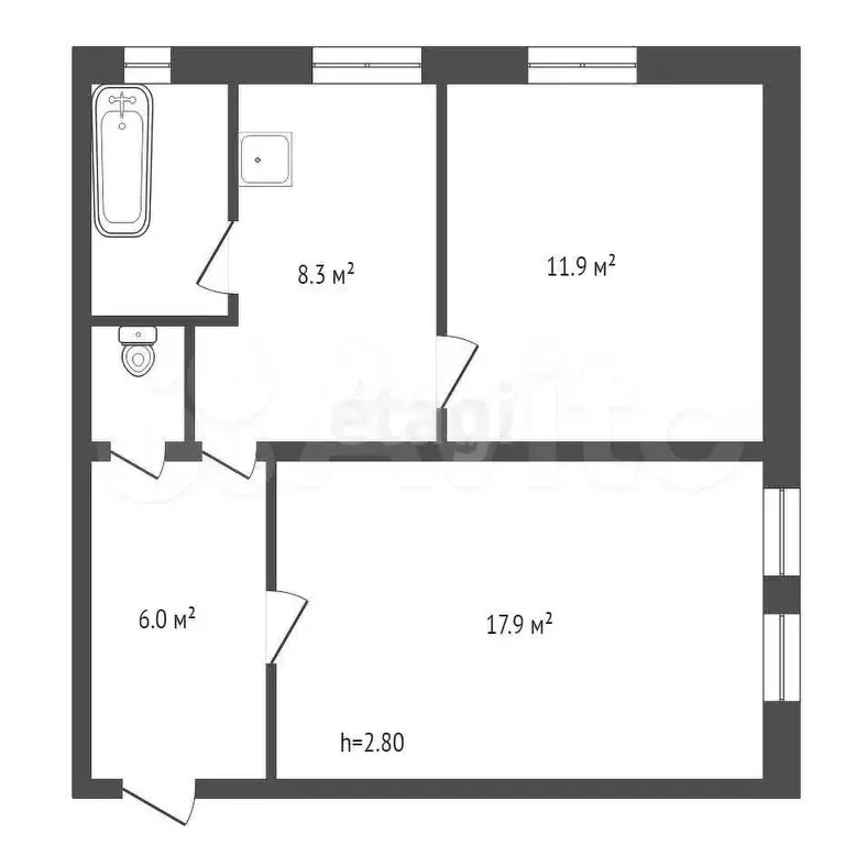 2-к. квартира, 47,7 м, 1/2 эт. - Фото 0