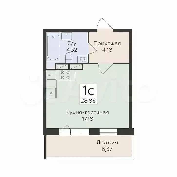 Квартира-студия, 28,9 м, 5/16 эт. - Фото 1
