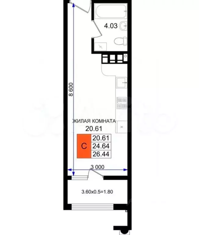 Студия Краснодарский край, Новороссийск 5-я Бригада мкр,  (26.4 м) - Фото 1