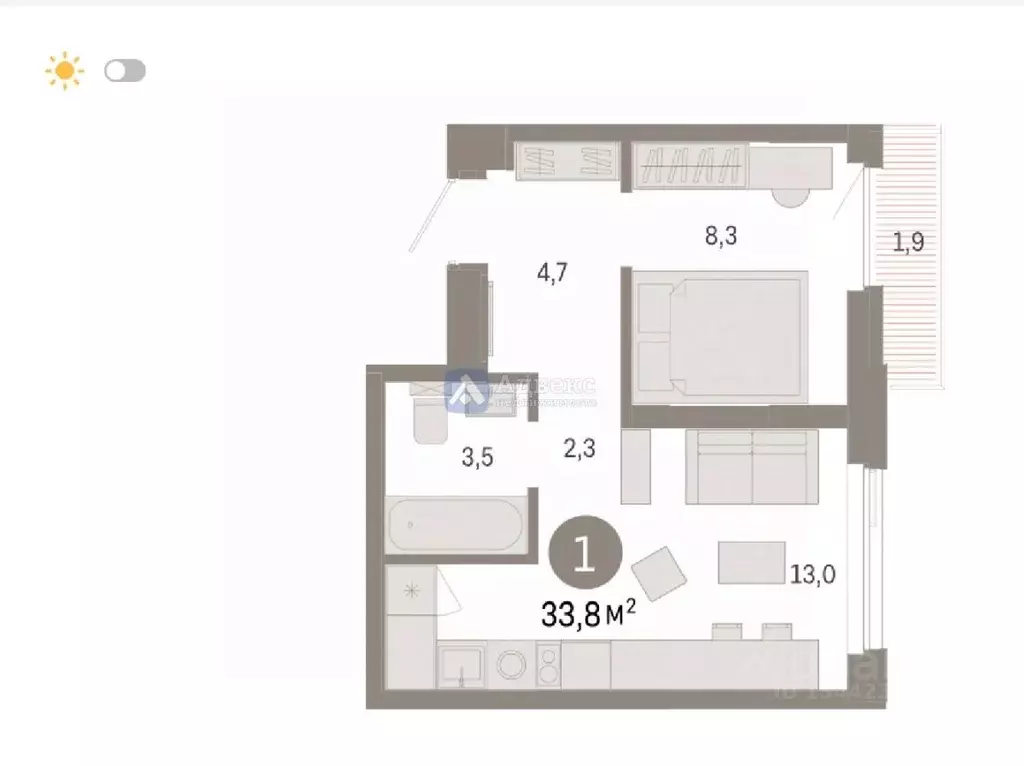 1-к кв. Тюменская область, Тюмень Мысовская ул., 26к1 (33.8 м) - Фото 2