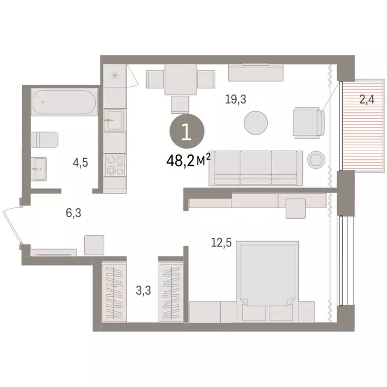 1-комнатная квартира: Тюмень, Краснооктябрьская улица, 4к3 (48.16 м) - Фото 1