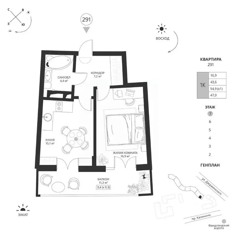 1-к кв. Калининградская область, Калининград просп. Калинина, 117 ... - Фото 0
