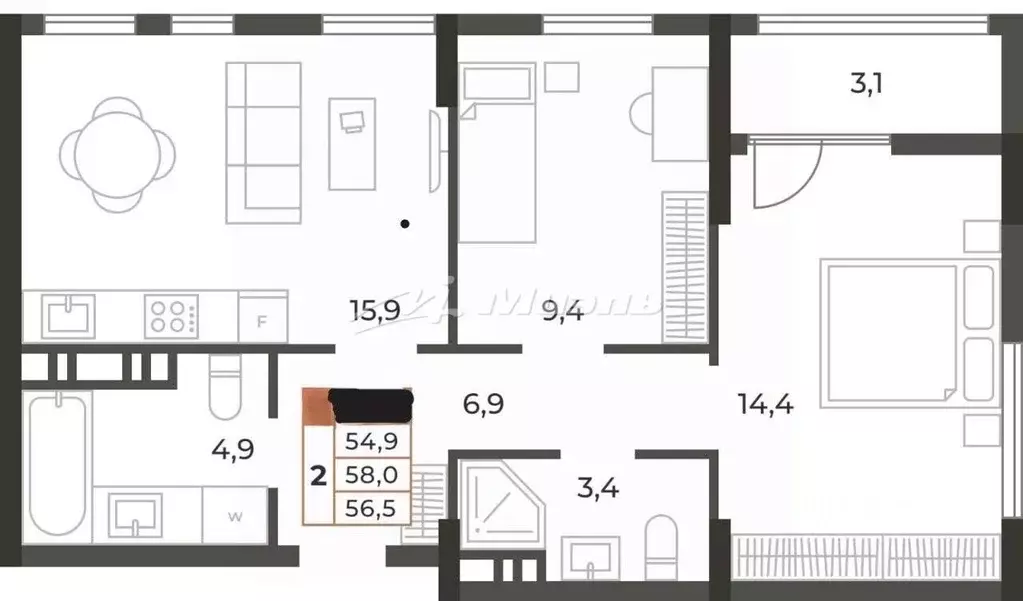 2-к кв. Крым, Симферополь ул. Караимская, 50 (58.0 м) - Фото 2