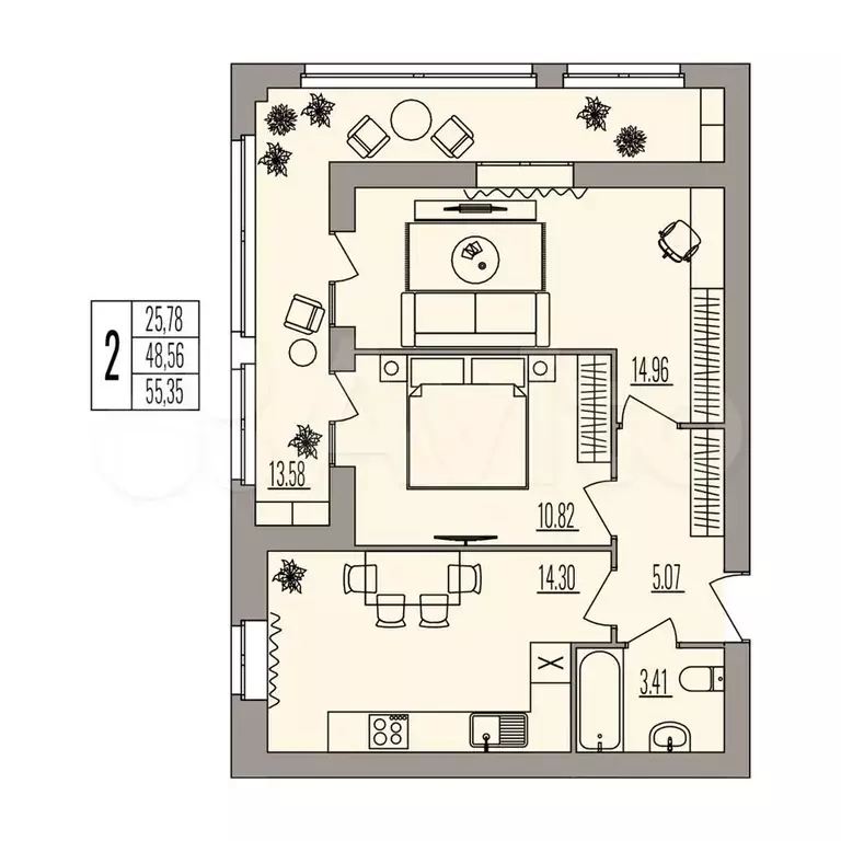 2-к. квартира, 55,4 м, 1/3 эт. - Фото 0