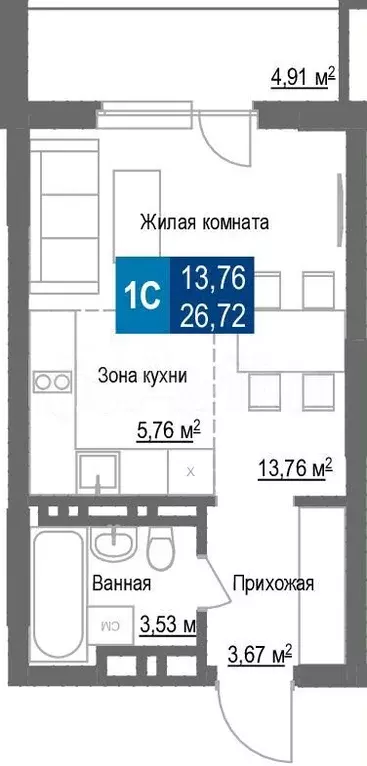 1-к. квартира, 26,7 м, 24/25 эт. - Фото 1