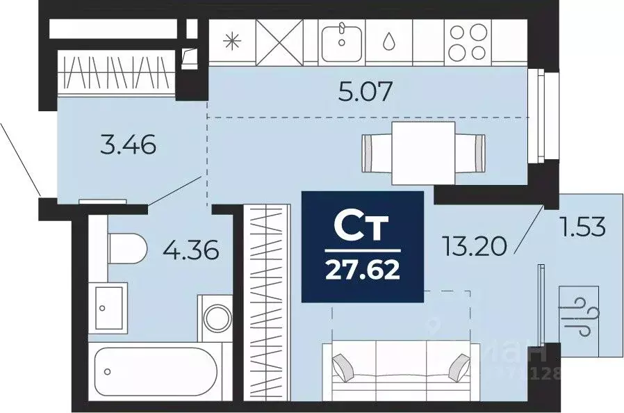 Студия Тюменская область, Тюмень Беринг жилой комплекс (26.55 м) - Фото 1
