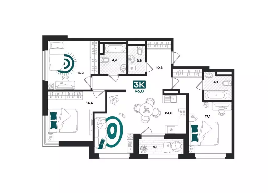 3-комнатная квартира: Тюмень, улица Евгения Войнова, 8 (95.6 м) - Фото 1