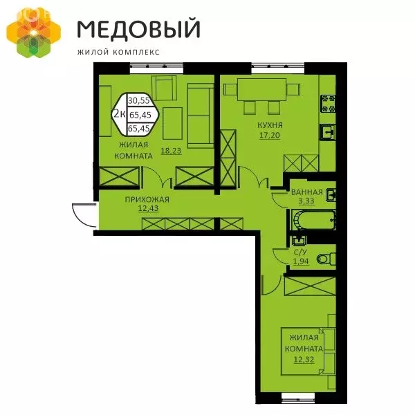 2-комнатная квартира: деревня Кондратово, улица Н.М. Яблокова, 6 (64.4 ... - Фото 1