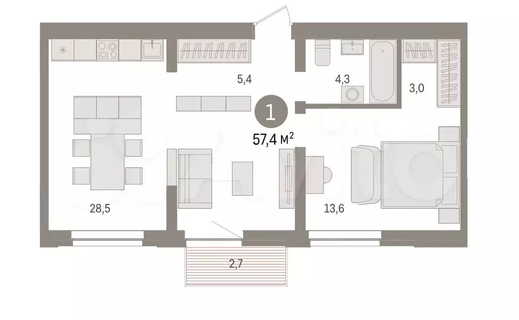 1-к. квартира, 57,4 м, 5/8 эт. - Фото 1