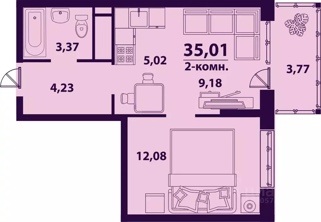 2-к кв. Ульяновская область, Ульяновск ул. Врача Михайлова (35.01 м) - Фото 0